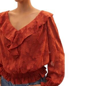 Anthropologie Textured Floral Blouse in Crimson Orange Size Small Open Back Boho